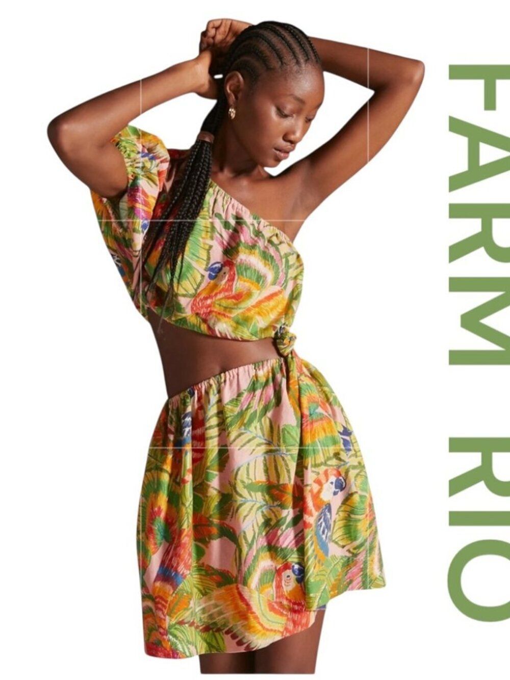 Farm Rio Macaw Leaves Mini Dress Cutout Waist Linen Blend One shoulder Size S